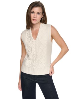 DKNY Jeans Women's Cable-Knit V-Neck Hi-Low Sweater