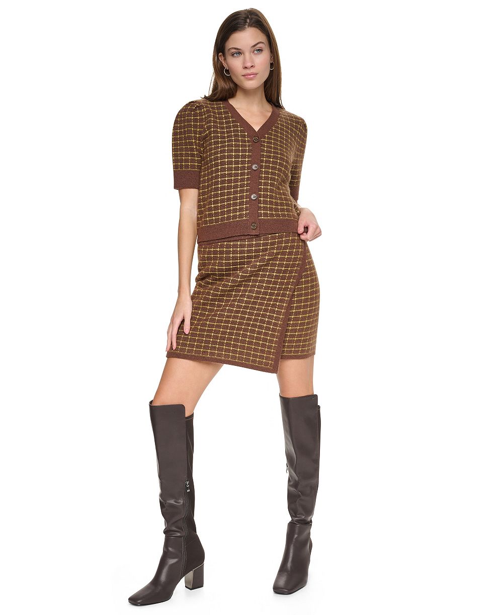 DKNY Jeans Women's Plaid Cropped Puff Short-Sleeve Cardigan