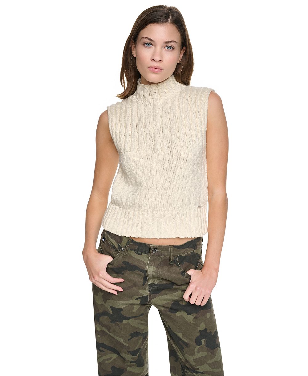 DKNY Jeans Women's Sleeveless Mock-Neck Cable-Knit Sweater