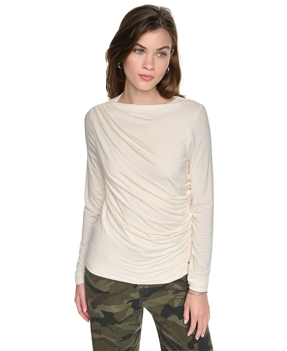 DKNY Jeans Women's Ruched Long-Sleeve Crewneck Top