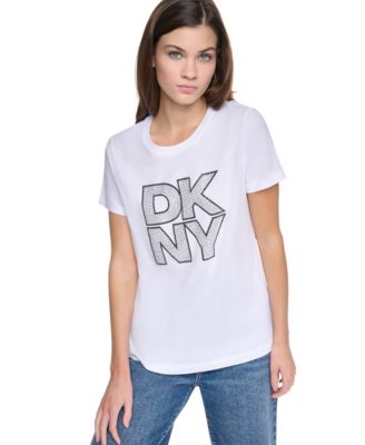 Женская футболка DKNY Jeans Distressed Rhinestone Logo Crewneck