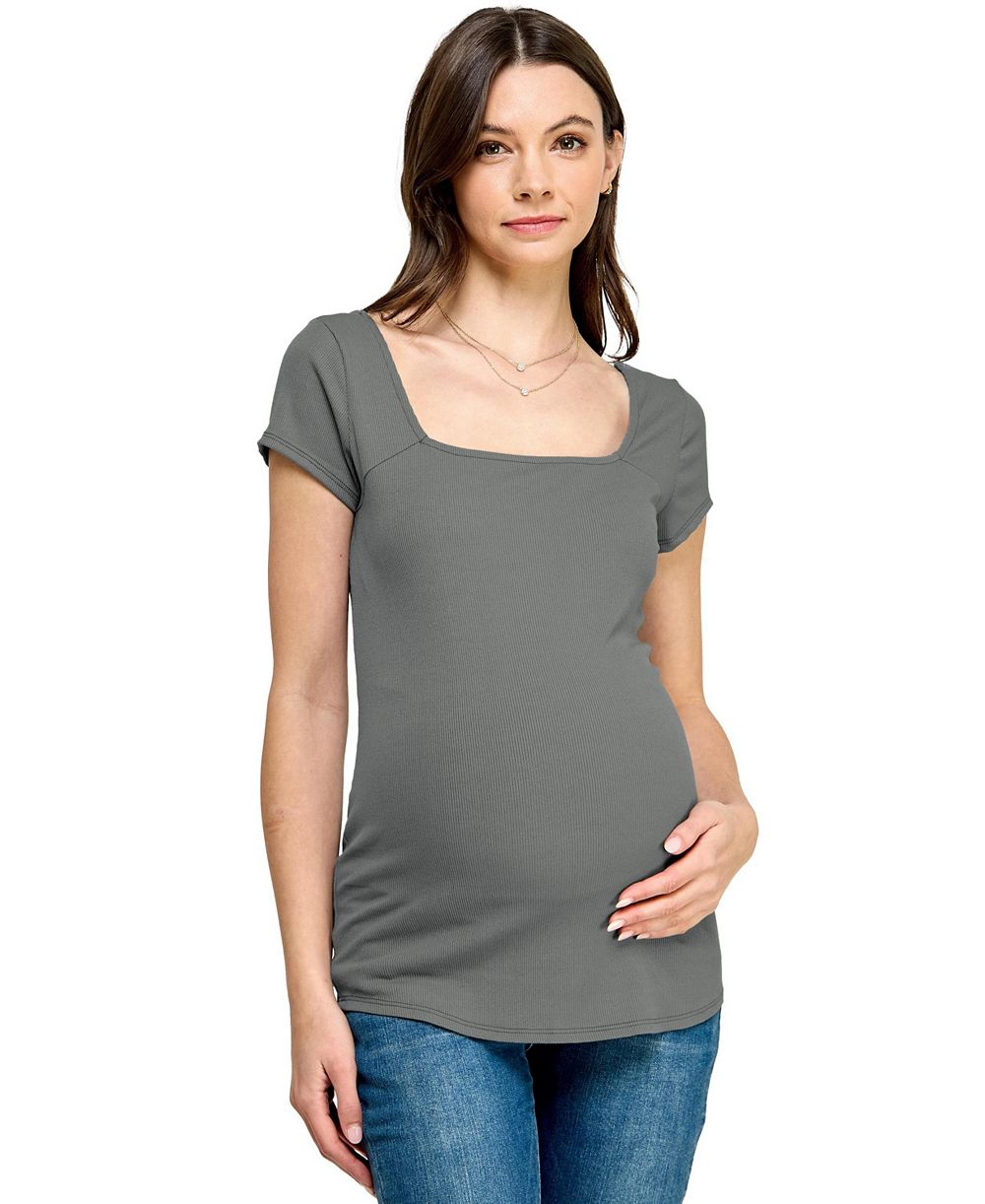 Hello Miz Women's Maternity Ribbed Square Neck Short Sleeve Top
