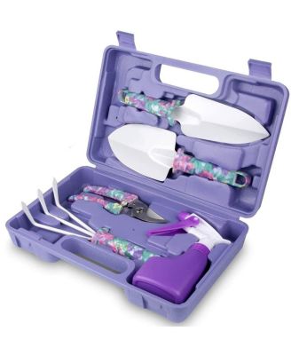 XDOVET Garden Tools Set With Floral Handle Trowel Rake Weeder Pruner Sprayer Case