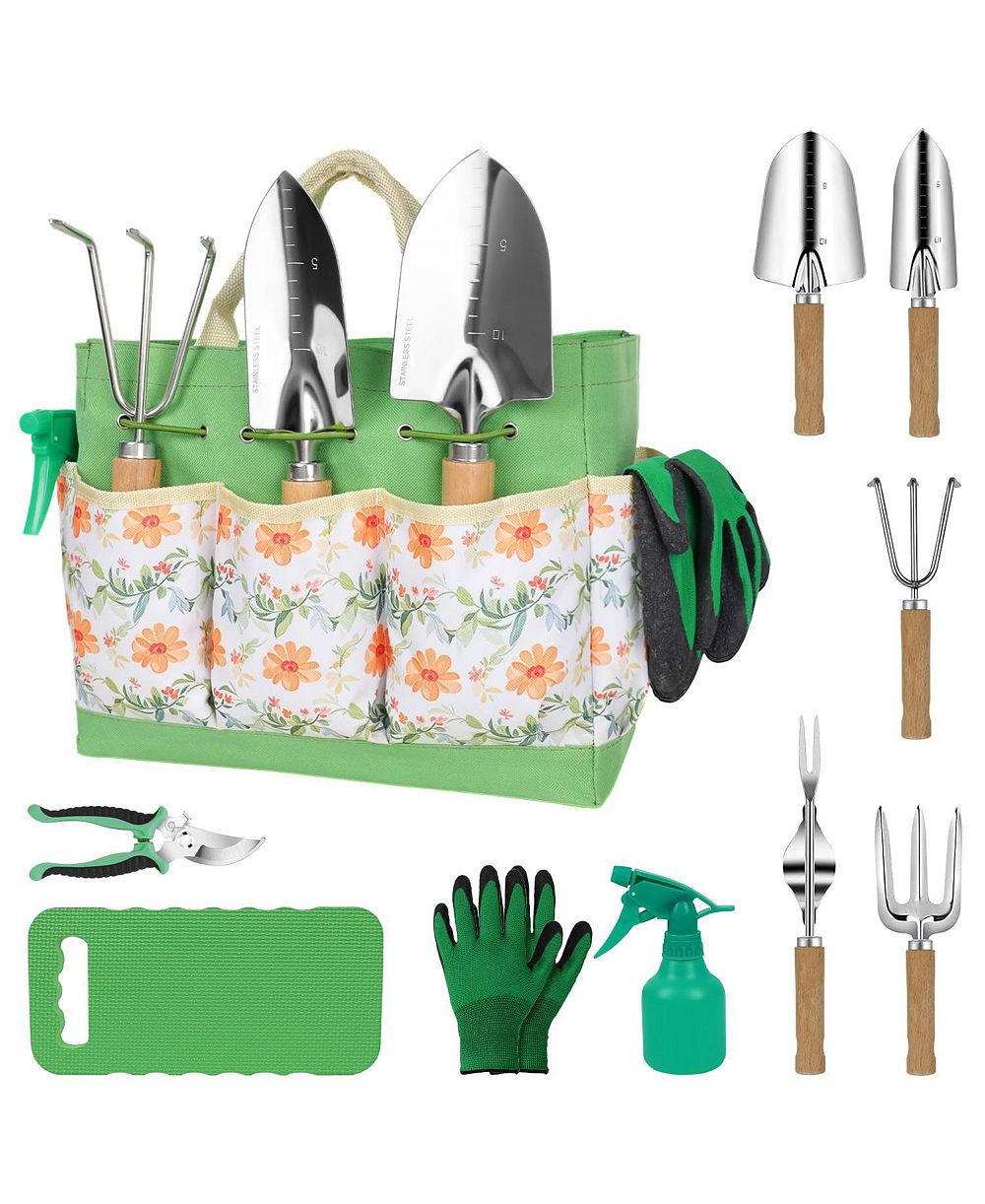 XDOVET Garden Tools Set Wooden Handle Organizer Bag Floral Pattern