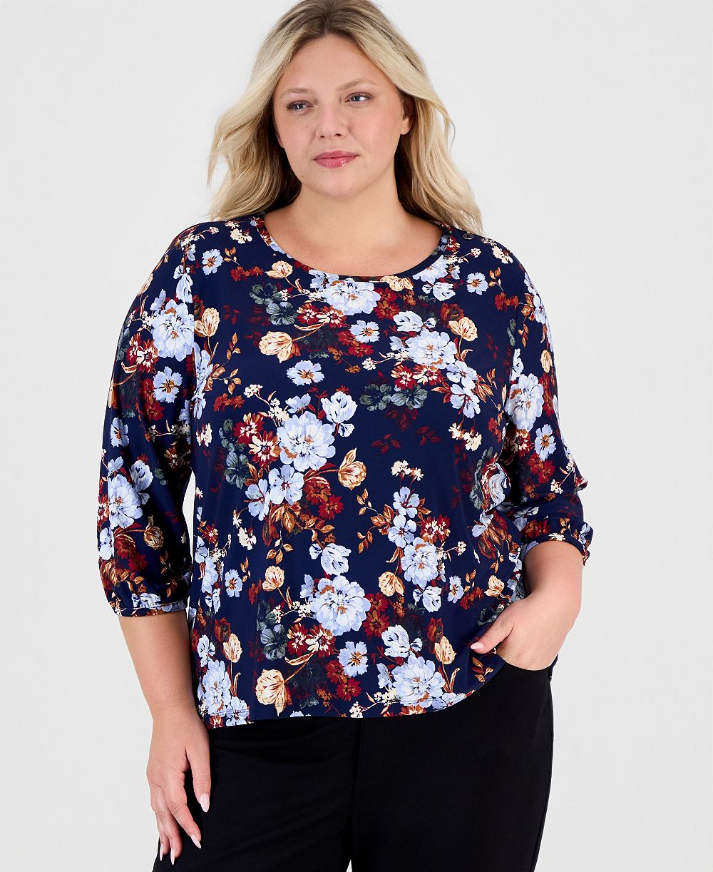 Jones New York Plus Size Floral Shoulder-Button 3/4-Sleeve Blouse