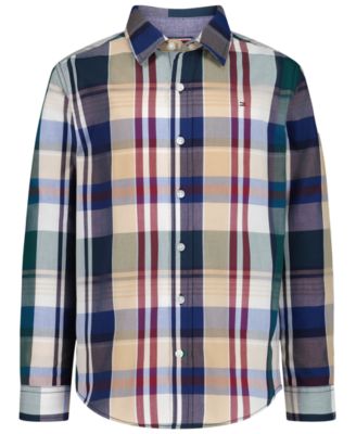 Детская рубашка Tommy Hilfiger в клетку с воротником-стойкой, длинный рукав