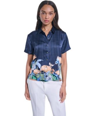 KARL LAGERFELD PARIS Women's Striped Floral Printed Button-Up Blouse