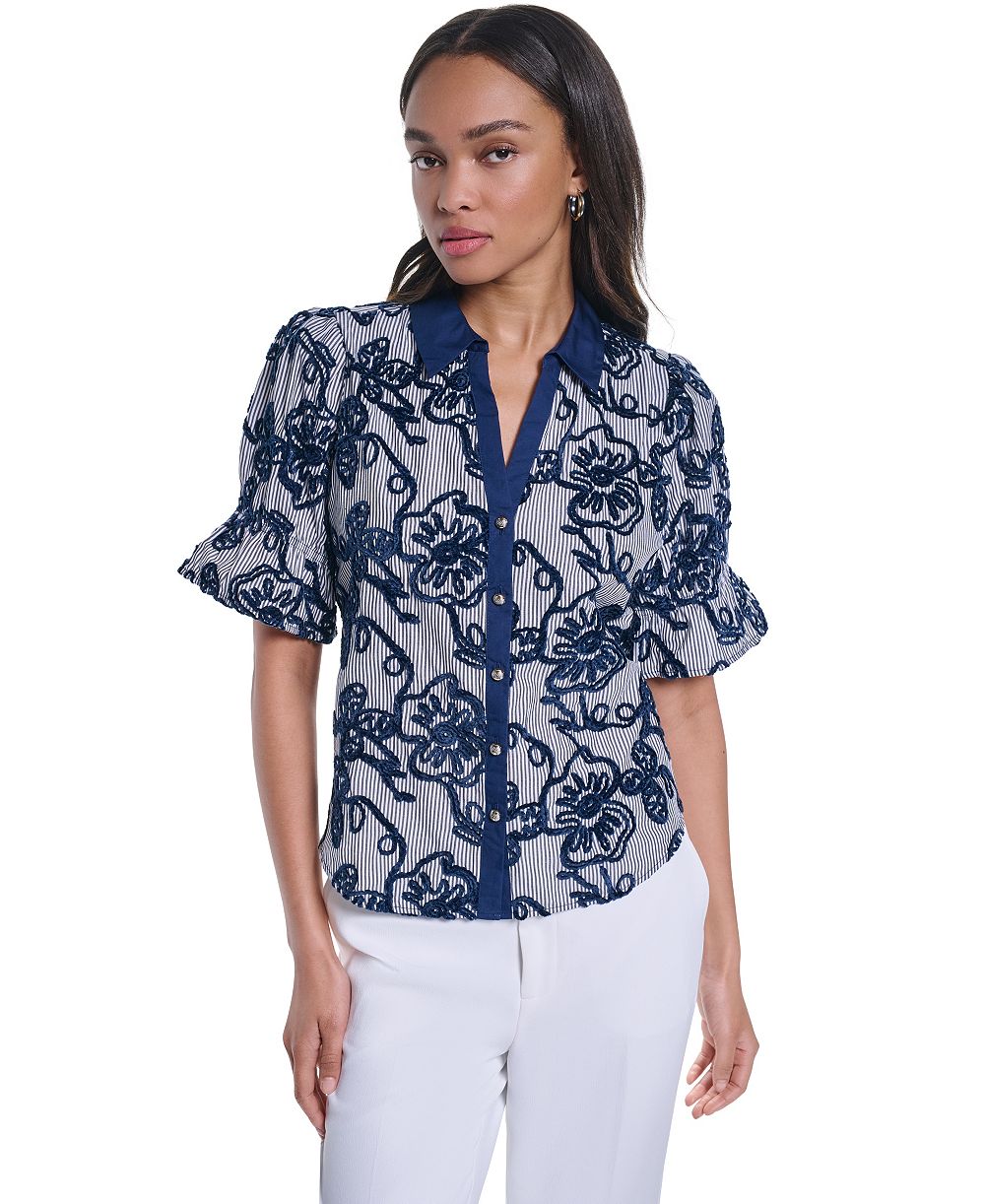 KARL LAGERFELD PARIS Women's Velvet Embroidery Button-Front Blouse
