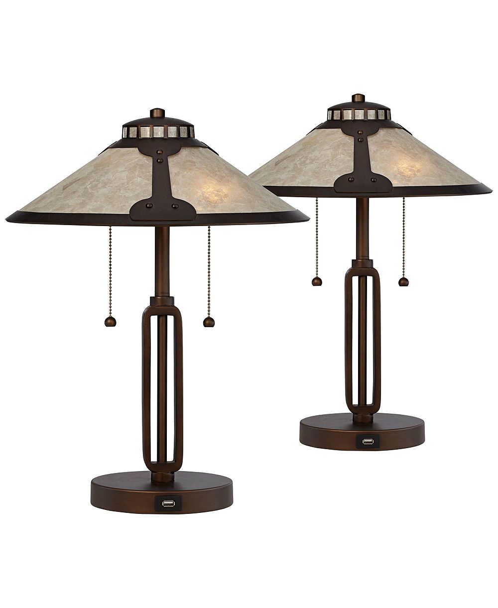 Franklin Iron Works Samuel 20" Tall Mission Desk Table Lamps with USB Charging Port, Set of 2
