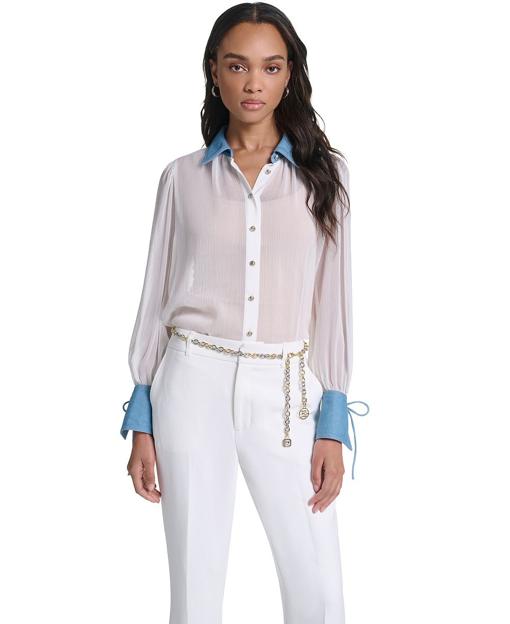 KARL LAGERFELD PARIS Women's Denim Collar and Cuff Crinkle Chiffon Button-Up Top
