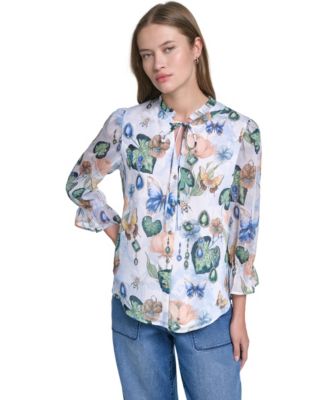 Женская шифоновая блузка KARL LAGERFELD PARIS Ruffle Collar Printed Button-Up
