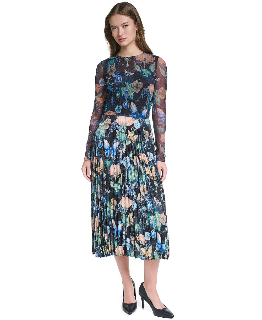KARL LAGERFELD PARIS Women’s Printed Mesh Long-Sleeve Crewneck Dress