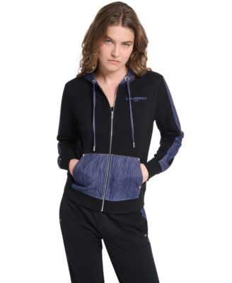 KARL LAGERFELD PARIS Women's Zip-Up Denim-Contrast Hooded Jacket