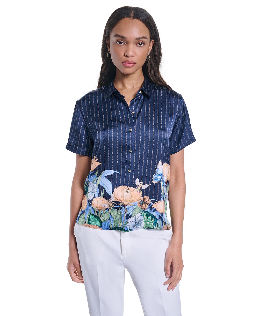 KARL LAGERFELD PARIS Petite Striped Floral Printed Button-Up Blouse