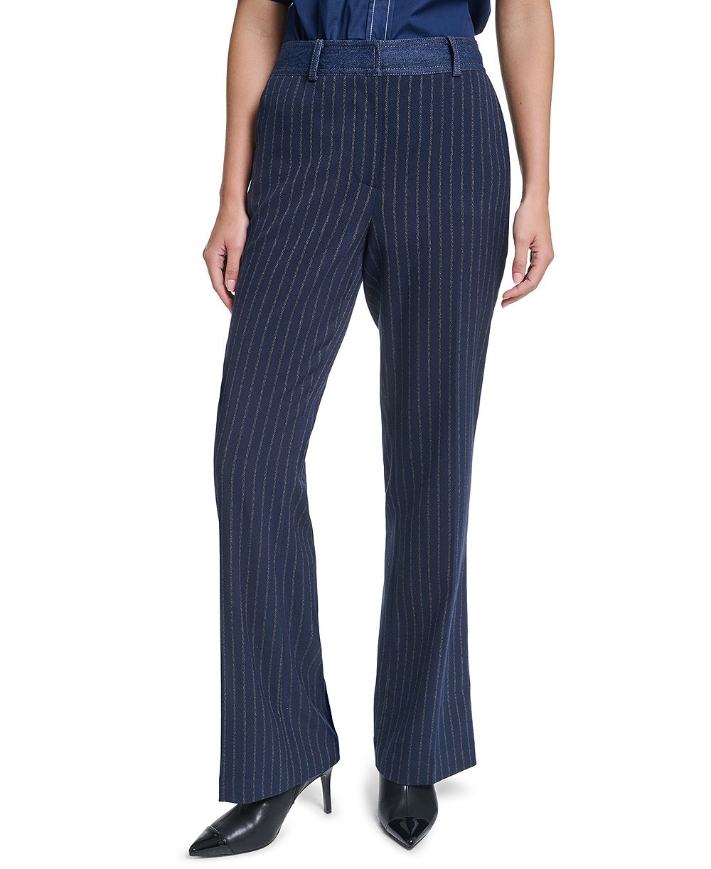 KARL LAGERFELD PARIS Petite Striped Straight-Leg Denim Waistband Pants