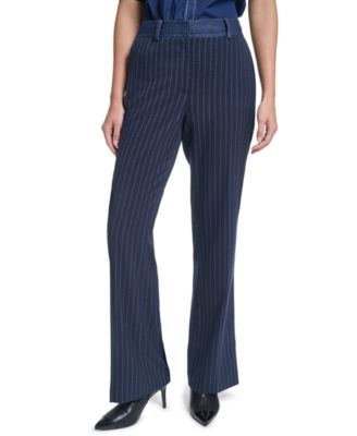 KARL LAGERFELD PARIS Petite Striped Straight-Leg Denim Waistband Pants