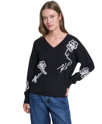 KARL LAGERFELD PARIS Women's Karl Floral Embroidery V-Neck Sweater