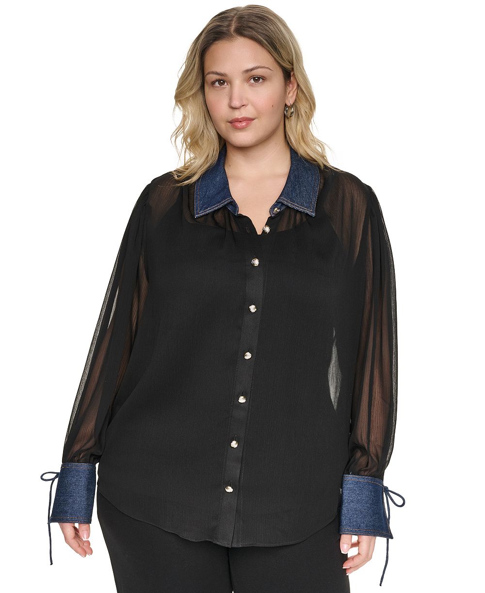 Верх Plus Size KARL LAGERFELD PARIS Mixed Media Collared Button-Front