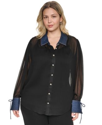 Верх Plus Size KARL LAGERFELD PARIS Mixed Media Collared Button-Front