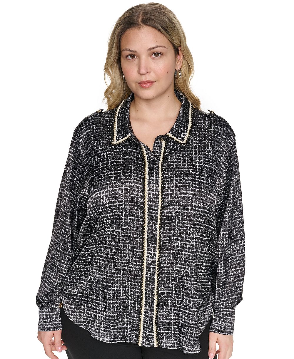 Женский топ KARL LAGERFELD PARIS Plus Size Tweed Print Collared Long-Sleeve