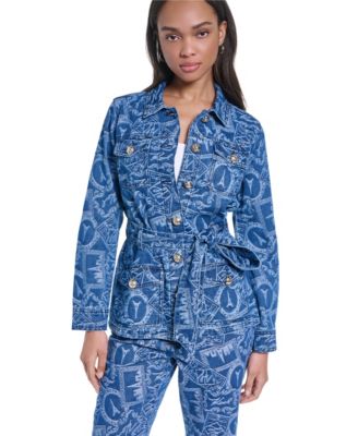 KARL LAGERFELD PARIS Women's All-Over Print Denim Trench Jacket