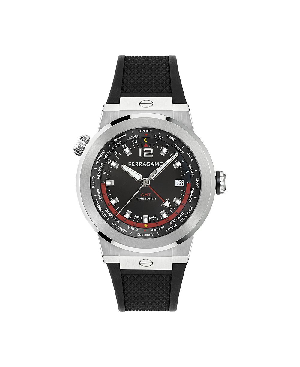 Ferragamo Men's F-80 GMT Worldtime Black Stainless Steel Bracelet Watch 43mm