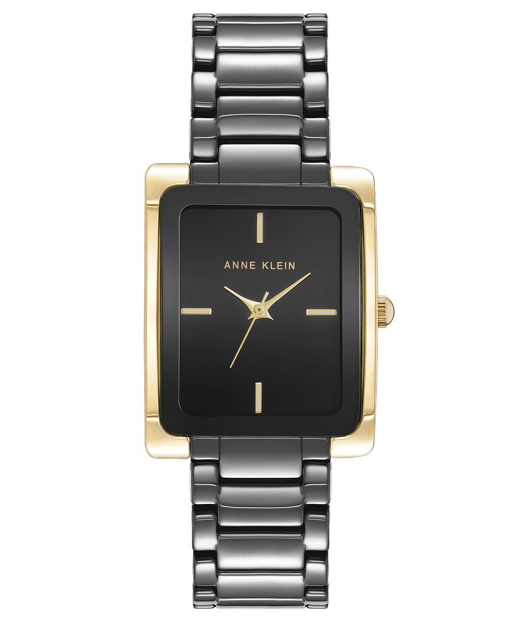 Anne Klein Women's Quartz Rectangle Black Dial Gold-Tone Black Bracelet Watch 28mm x 35mm