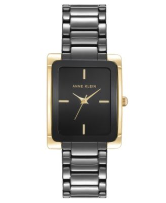 Anne Klein Women's Quartz Rectangle Black Dial Gold-Tone Black Bracelet Watch 28mm x 35mm