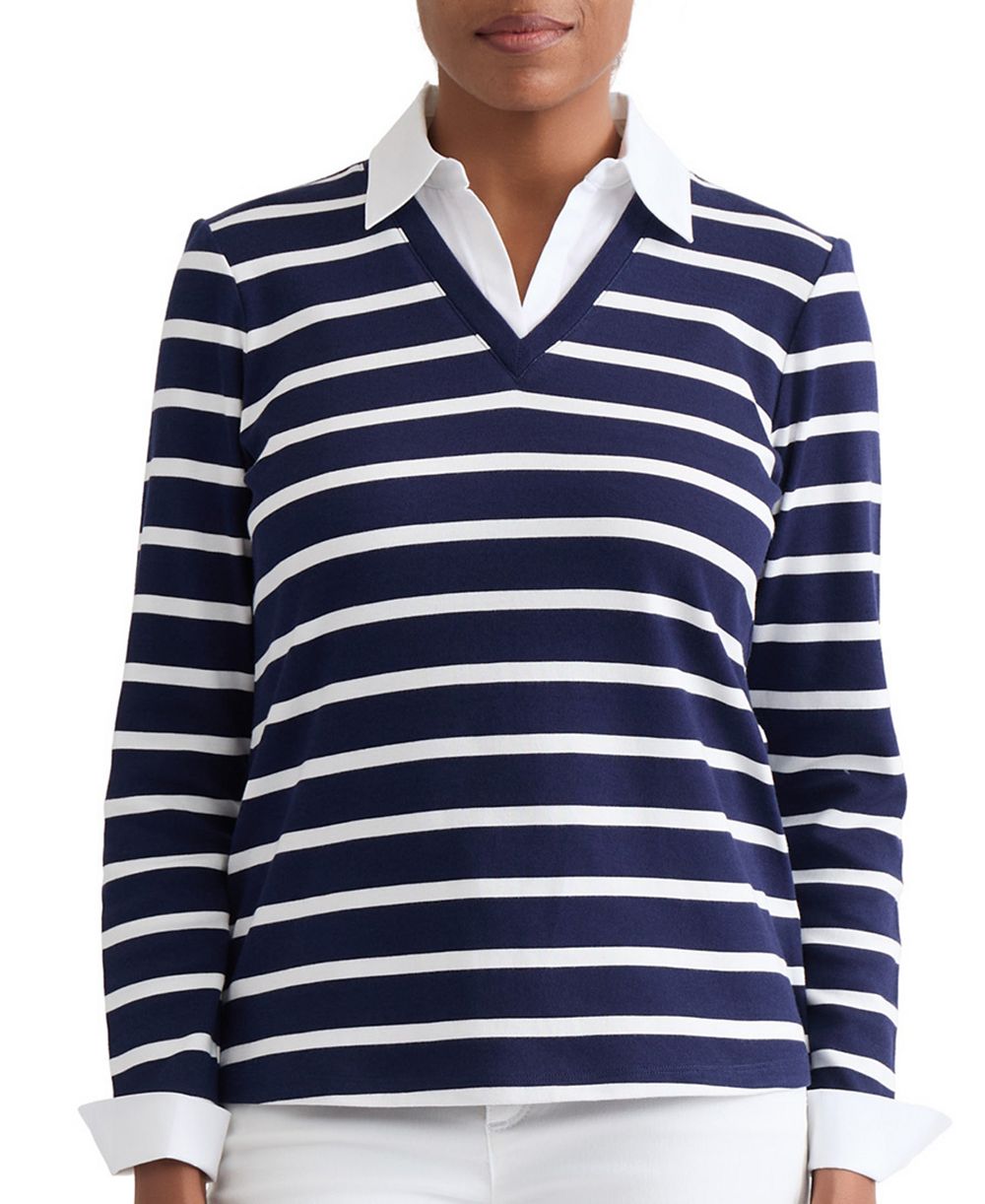 Jones New York Petite Long-Sleeve Striped V-Neck T-Shirt