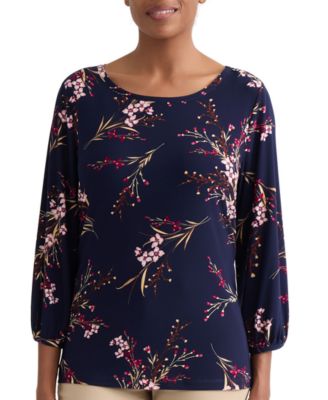 Jones New York Petite Floral Shoulder-Button Box Top Blouse