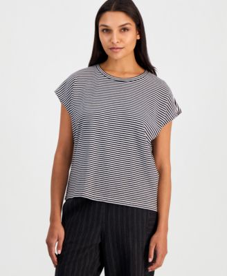 Женская футболка Eileen Fisher Cotton Striped Cap-Sleeve Crewneck Tee