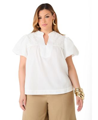 Ashley Stewart Plus Size Puff Sleeve Embroidered Women's Top