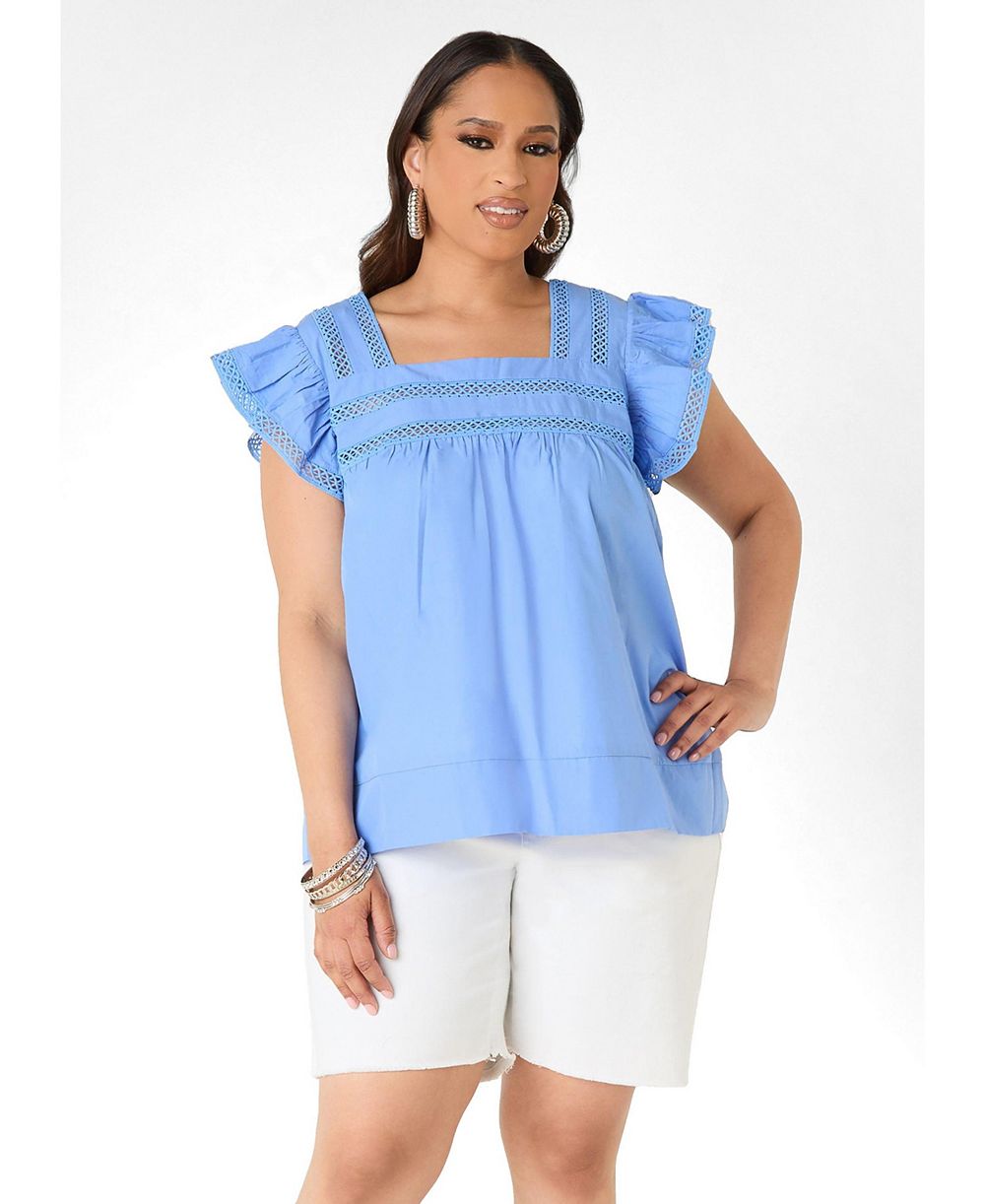 Ashley Stewart Women's Plus Size Lattice Trimmed Poplin Shirt