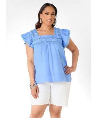 Ashley Stewart Women's Plus Size Lattice Trimmed Poplin Shirt