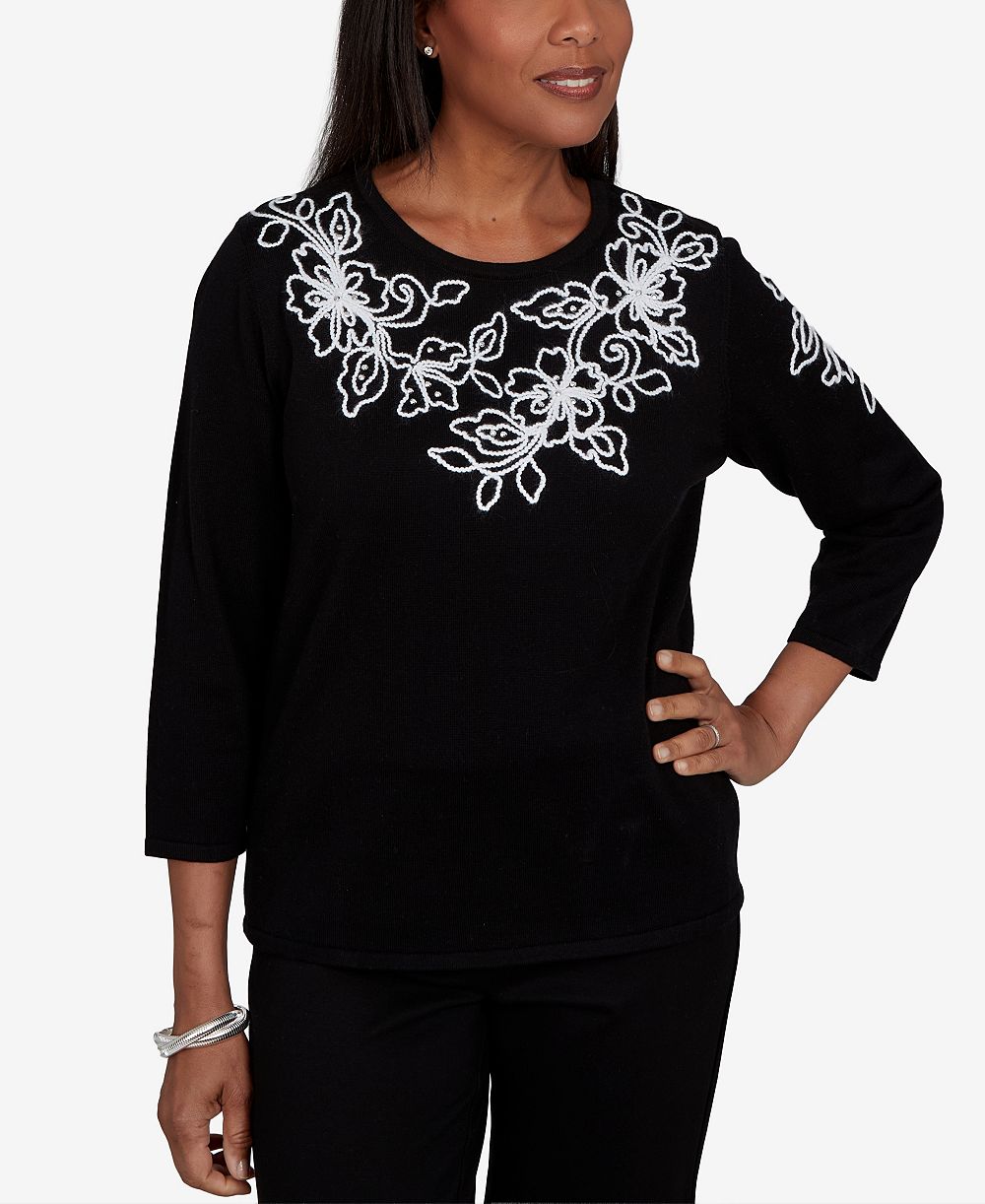 Alfred Dunner Women's Floral Scroll Soutache Sweater