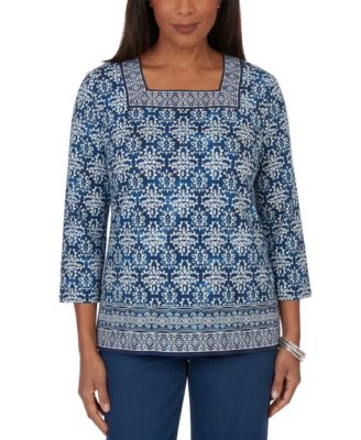 Alfred Dunner Women's Batik Square Neck 3/4 Sleeve Top
