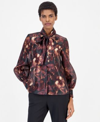Anne Klein Women's Bow Neck Long Sleeve Floral Blouse