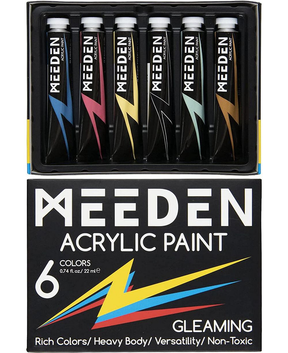 Meeden Glitter Acrylic Paint Medium, 6 Tubes 22milliliter High Viscosity Shimmer Paints, Art Craft Paints with Glitter, Iridescent Paints for Canvas