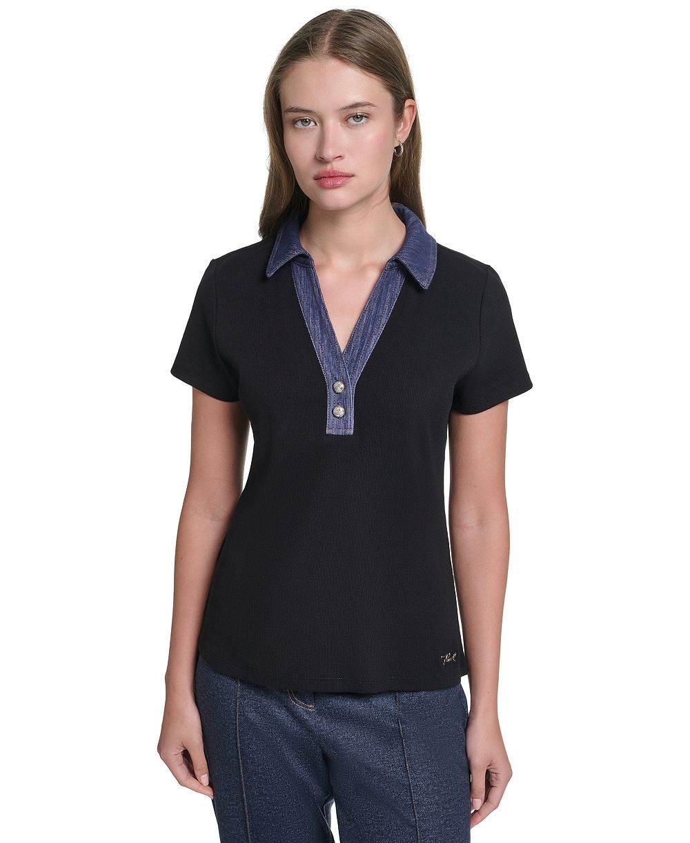 KARL LAGERFELD PARIS Petite Collared Short-Sleeve Pull-On Top