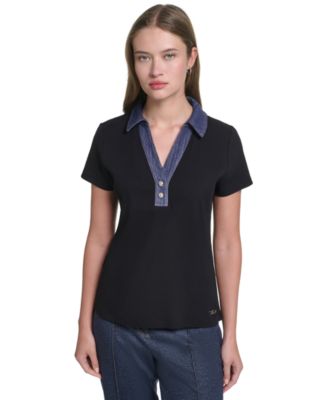 KARL LAGERFELD PARIS Женский топ с воротником и коротким рукавом Petite