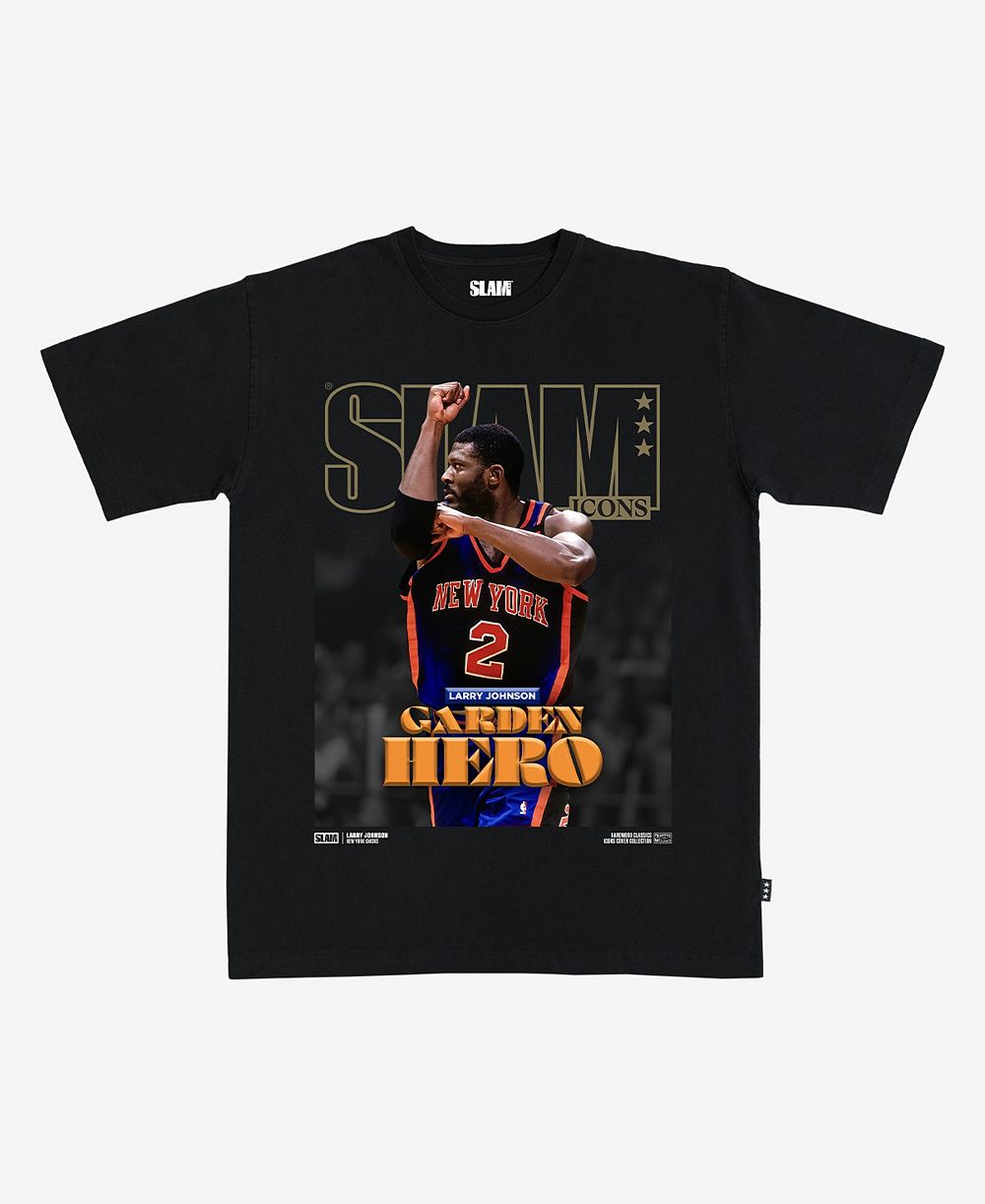 Slam Men's and Women's Larry Johnson Black New York Knicks Hardwood Classics Cover T-Shirt