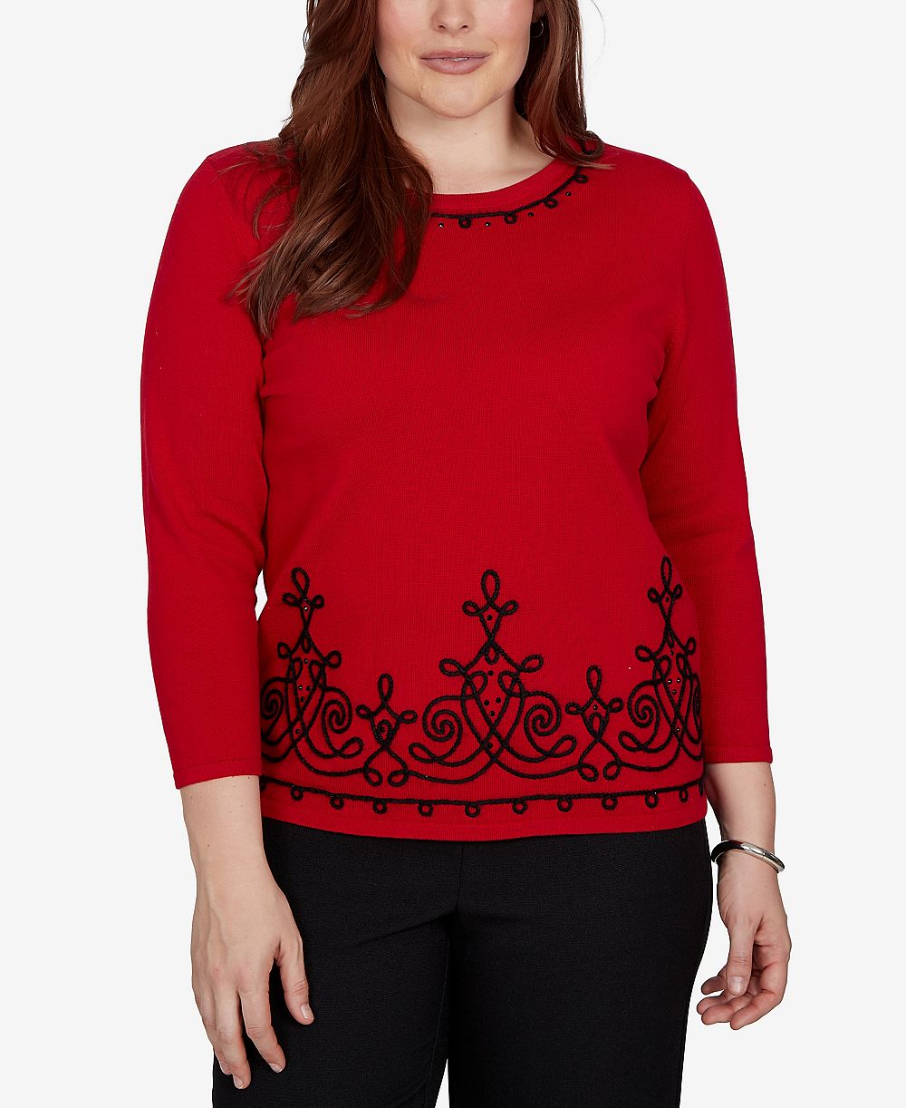 Alfred Dunner Petite Border Scroll Soutache Sweater