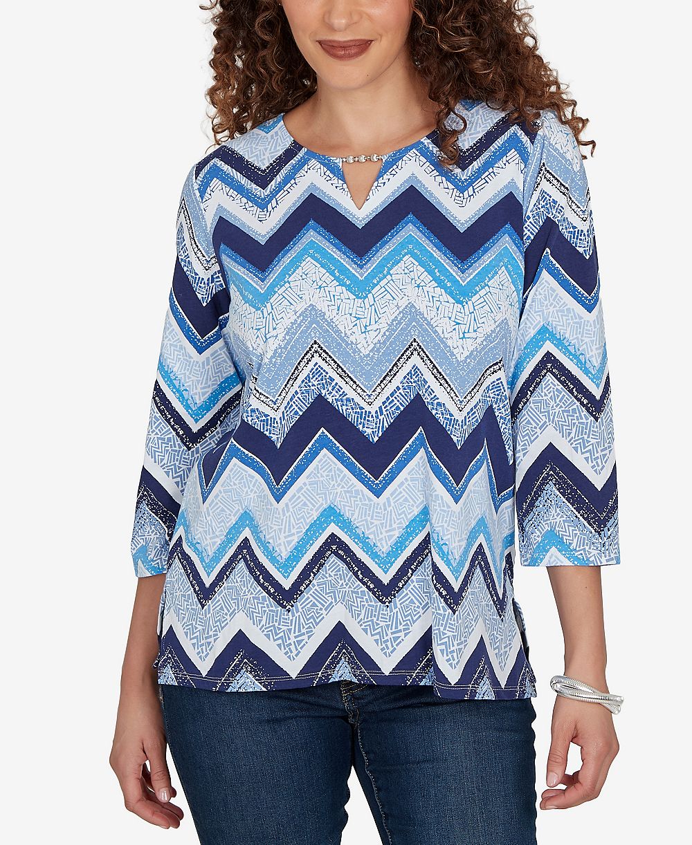 Alfred Dunner Petite Chevron Blues Split Neck Top
