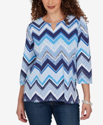 Alfred Dunner Petite Chevron Blues Split Neck Top