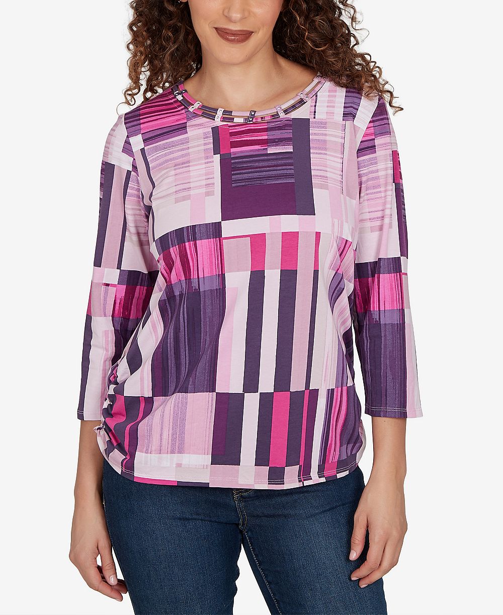 Alfred Dunner Petite Purple Bars Ruched Sides Top