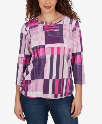 Alfred Dunner Petite Purple Bars Ruched Sides Top