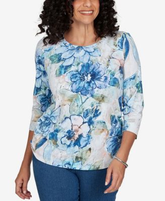 Alfred Dunner Petite Etched Floral Ruched Sides Top