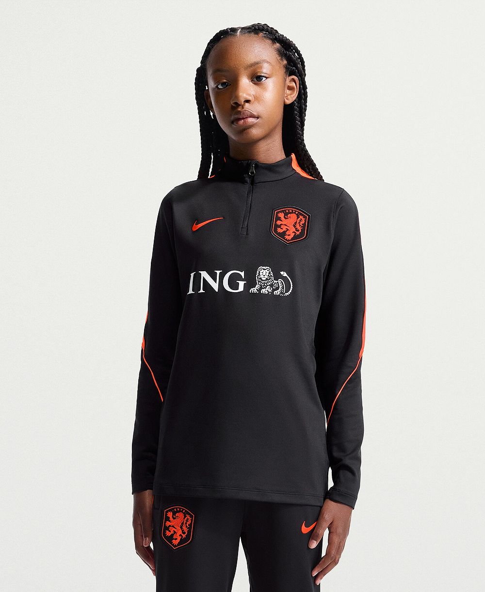 Nike Детская спортивная джерси Netherlands National Team 2026 Strike Dri-FIT, длинный рукав, полумолния, черный