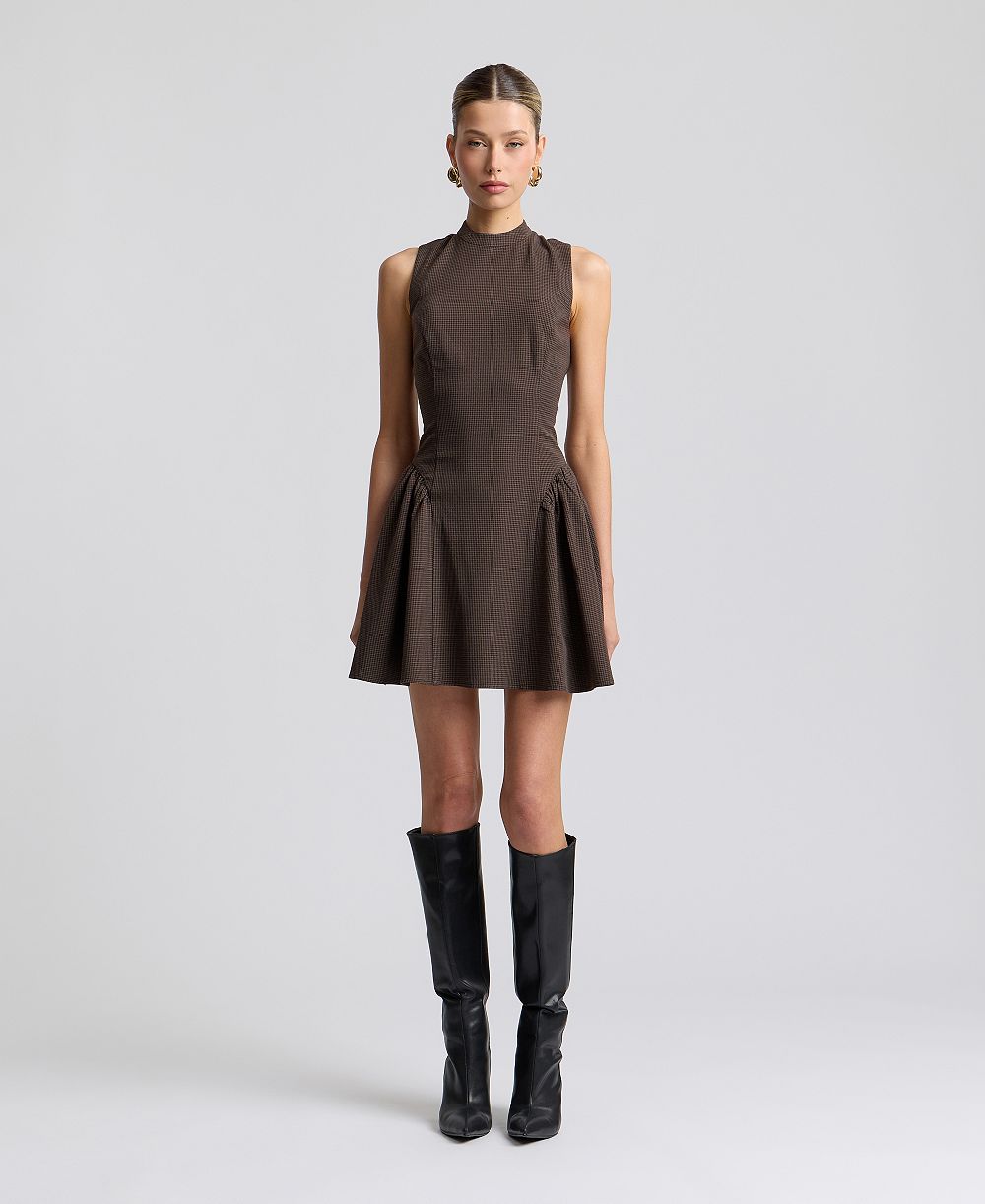 Avec Les Filles Women's Stretch Plaid Mock-Neck Flounce Mini Dress