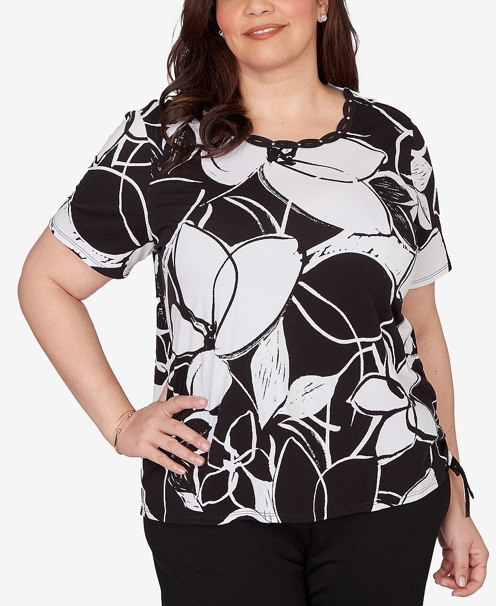Alfred Dunner Plus Size Abstract Floral Embellished Side Tie T-Shirt